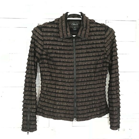 Clara S Brown Metallic Layered Ruffle Zip Jacket Medium - Picture 1 of 7